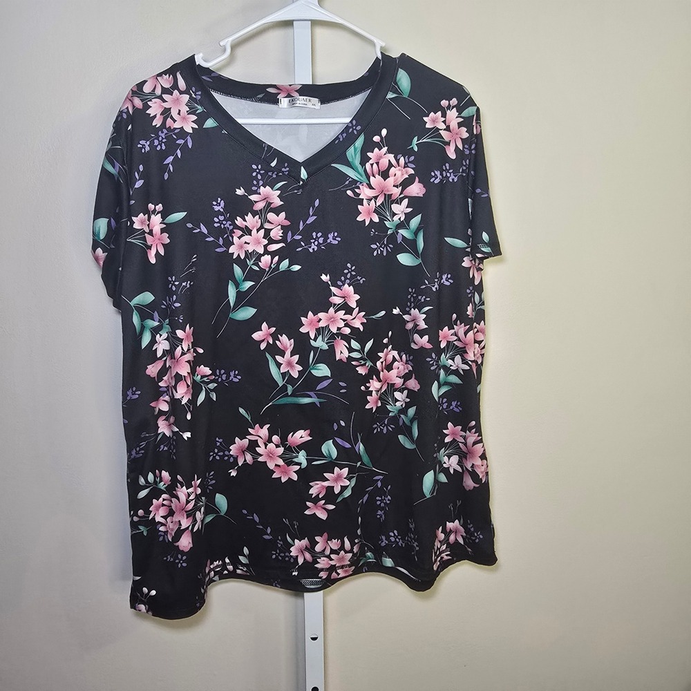 Ekouaer XXL Black Floral Print‎ V Neck Short Sleeve Casual Top Blouse